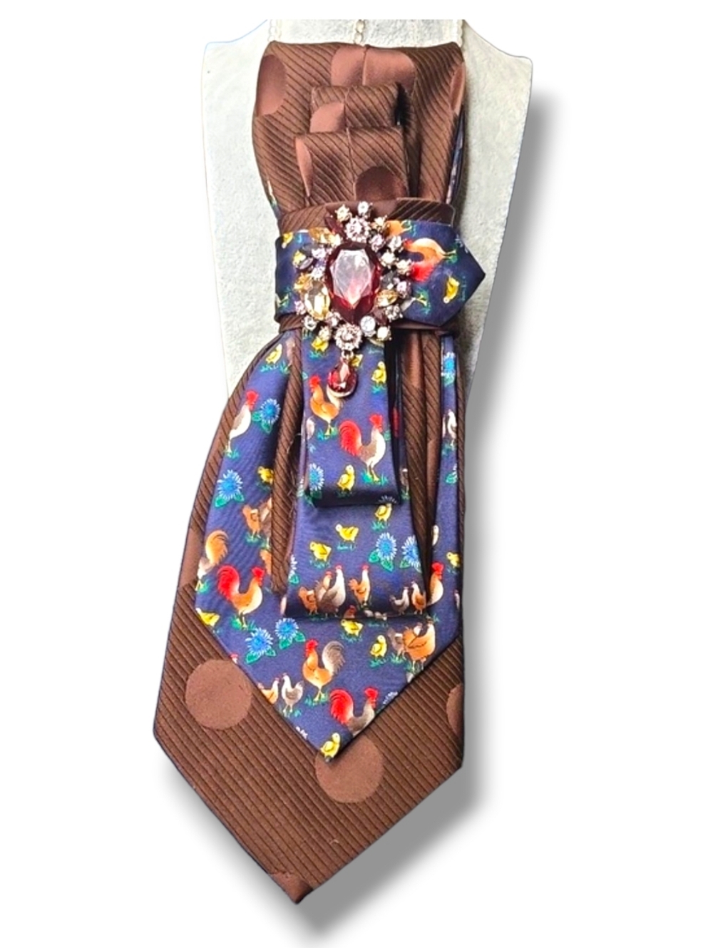 3/$60 Unique Statement Brown and Navy Chicken Brooch Folded Necktie Cravat